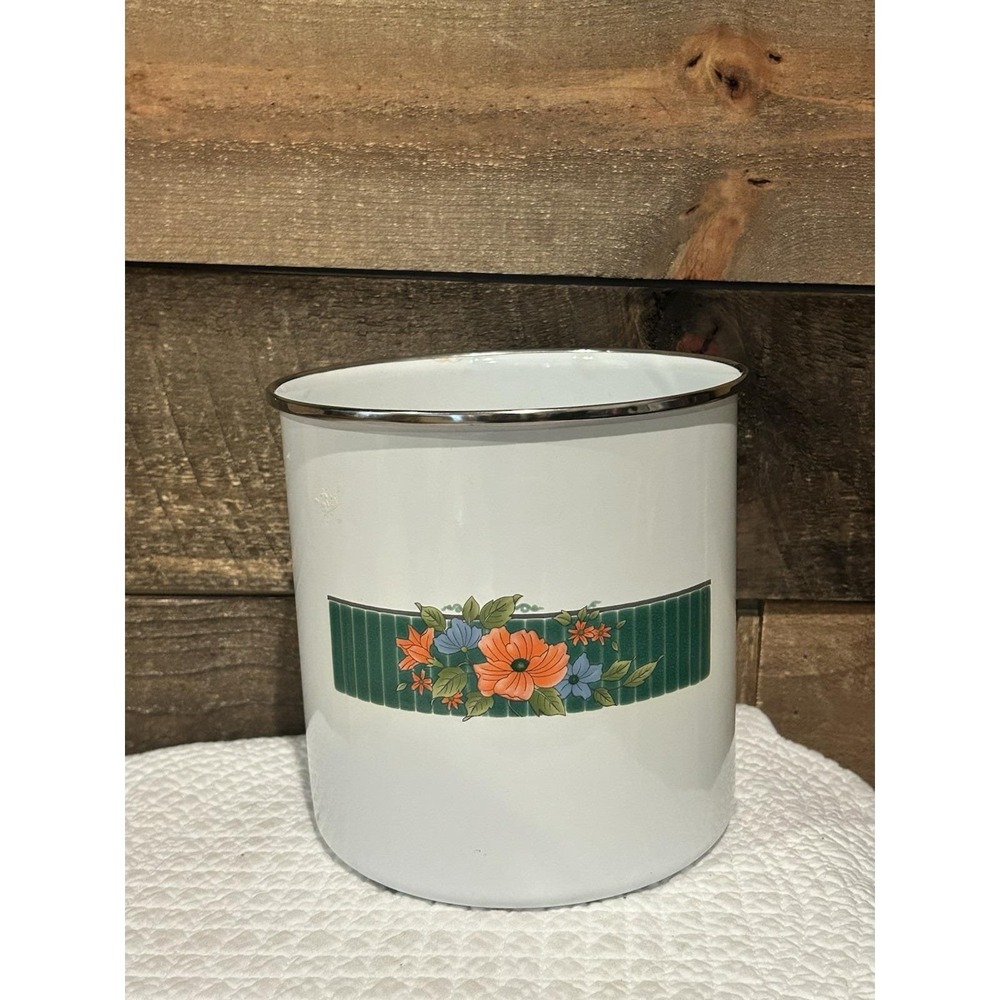 VTG Enamel White Canister Flower Design Made In Indonesia